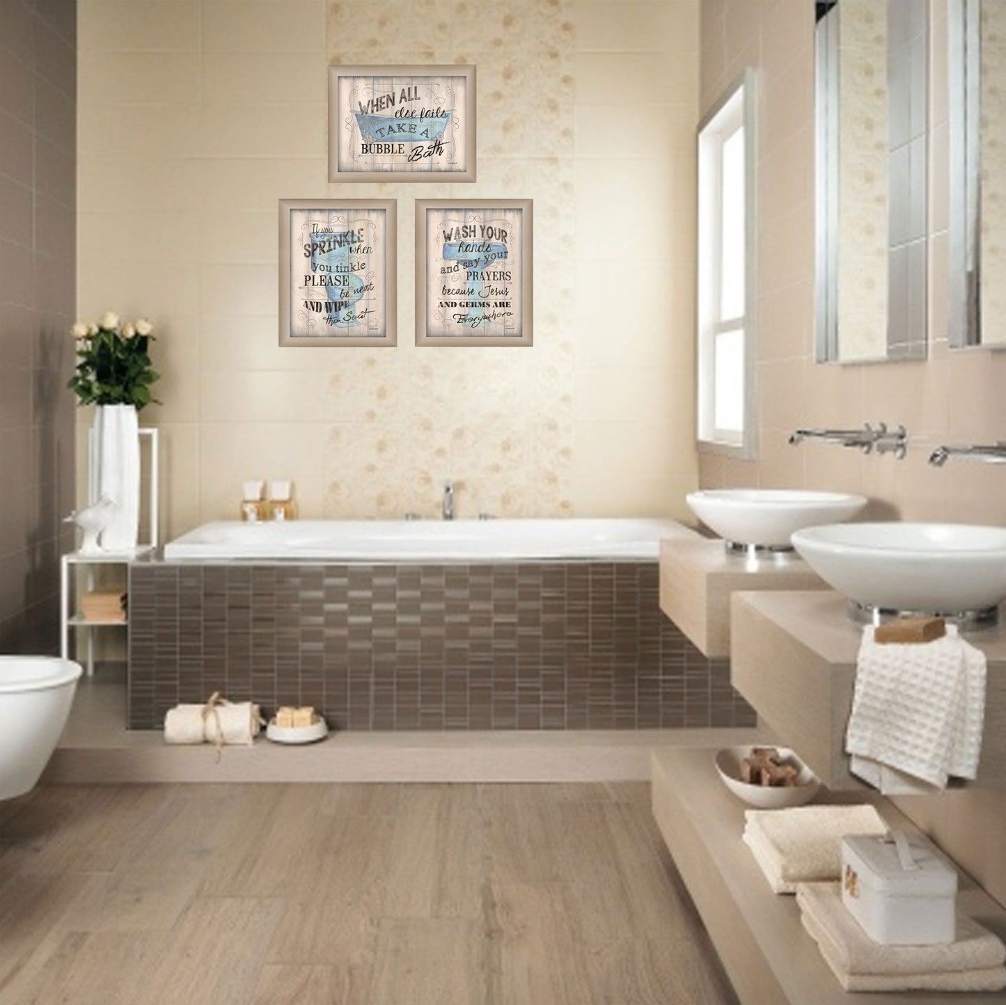 "Bathroom Humor Collection" 3-Piece Vignette By Debbie DeWitt, Printed Wall Art, Ready To Hang Framed Poster, Beige Frame